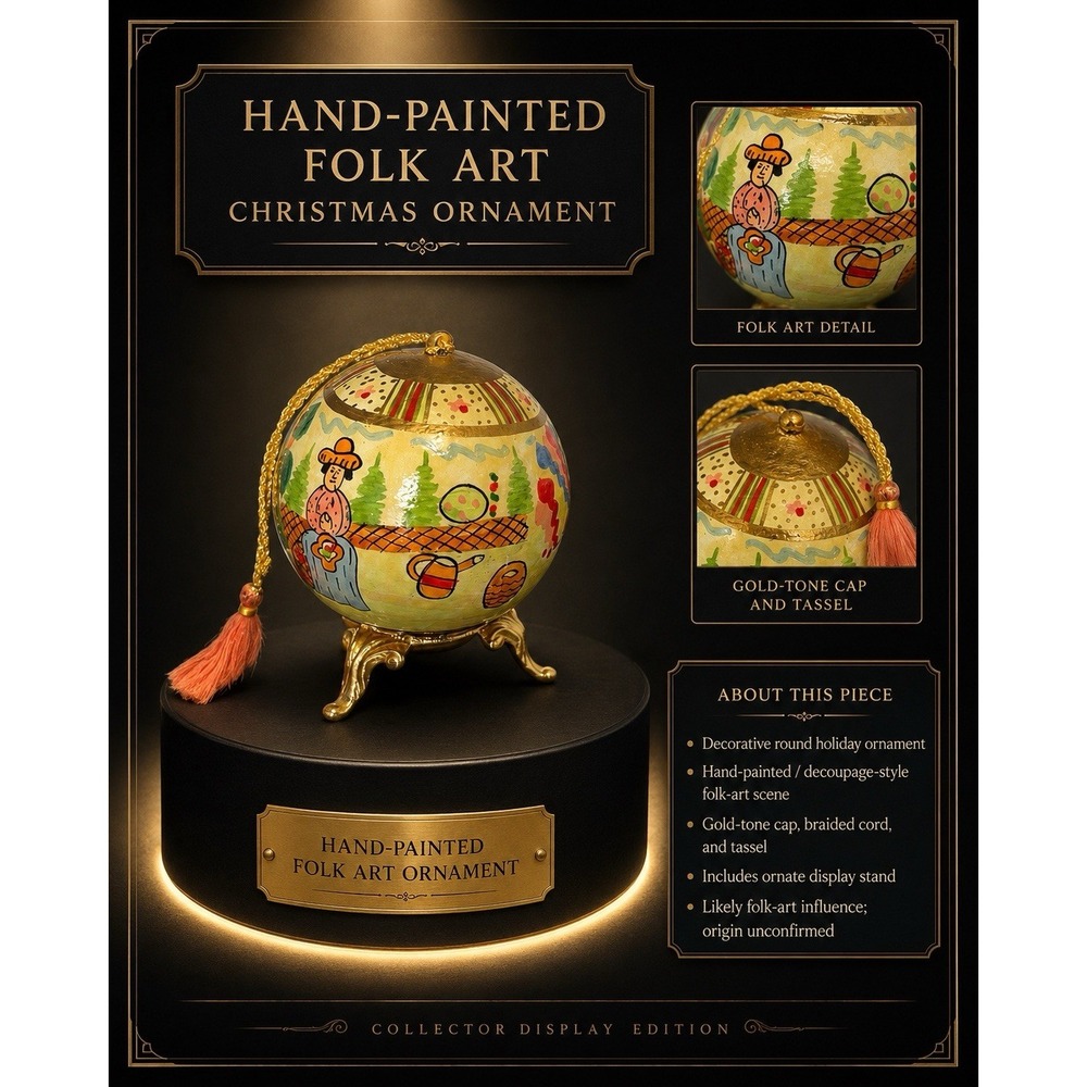 Hand Painted Folk Art Christmas Ball Ornament Gold Tassel Metal Display Stand